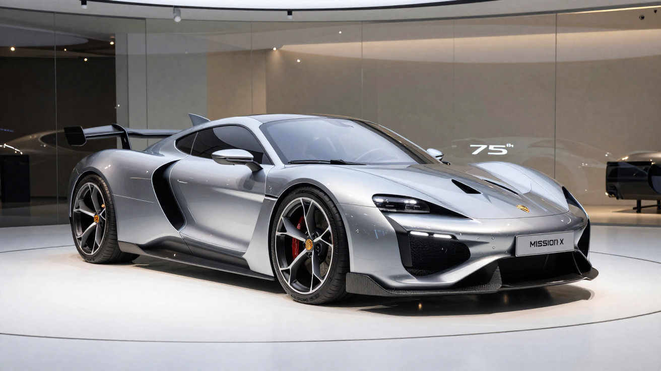 Carro esportivo Porsche Mission X prata com porta aberta exibido em estande moderno.