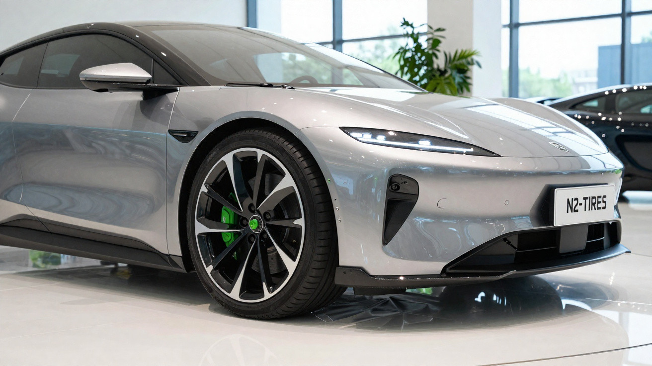 Carro esportivo cinza estacionado em showroom com rodas grandes e design aerodinâmico moderno.