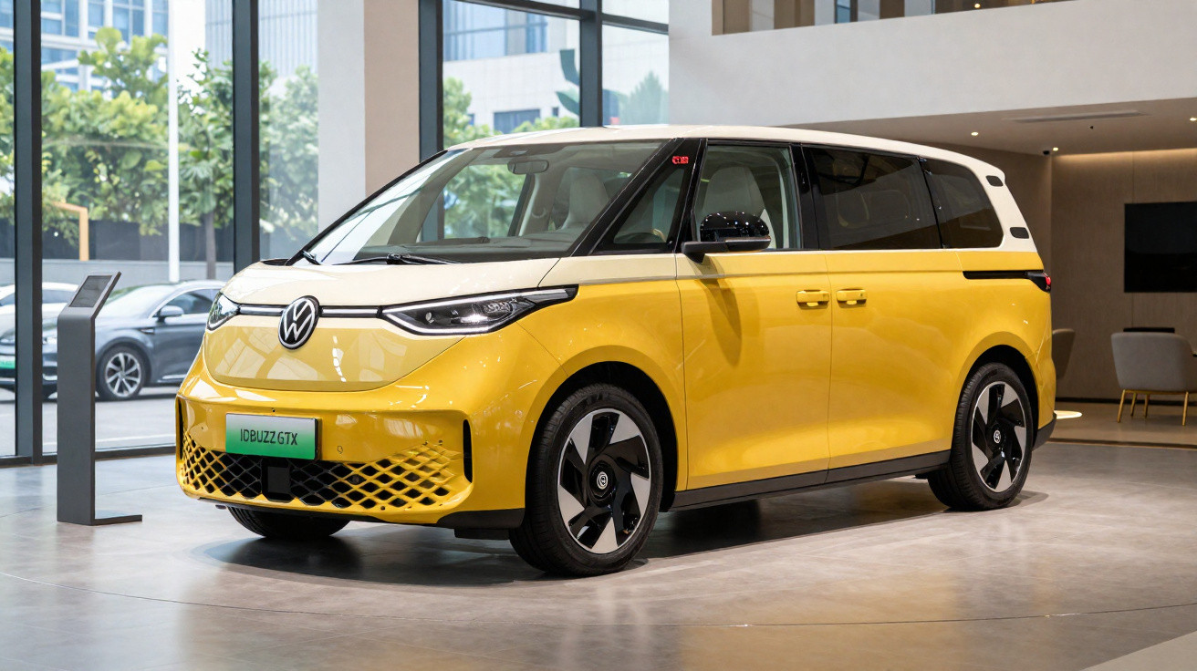 Automóvel Volkswagen ID.Buzz amarelo em exposição interna, com teto branco e rodas estilizadas.