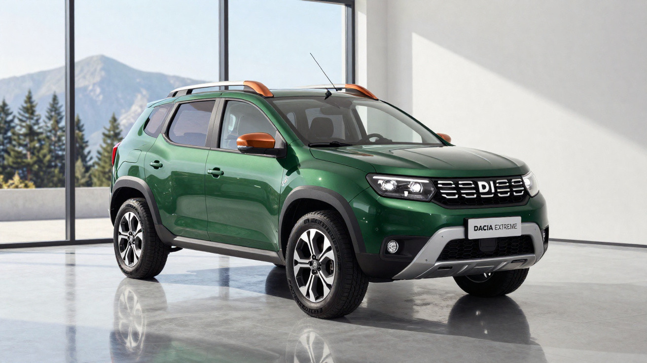 Carro SUV verde Dacia Extreme estacionado em ambiente interno com grandes janelas e vista para montanhas.