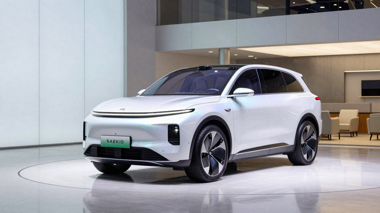 Carro elétrico SUV branco Safekid estacionado em área interna moderna com paredes de vidro e poltronas.