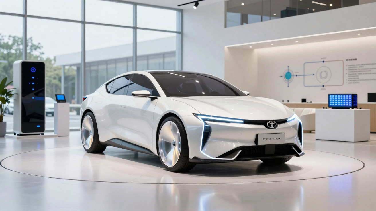 Carro elétrico branco futurista em exposição moderna com estação de recarga ao lado.