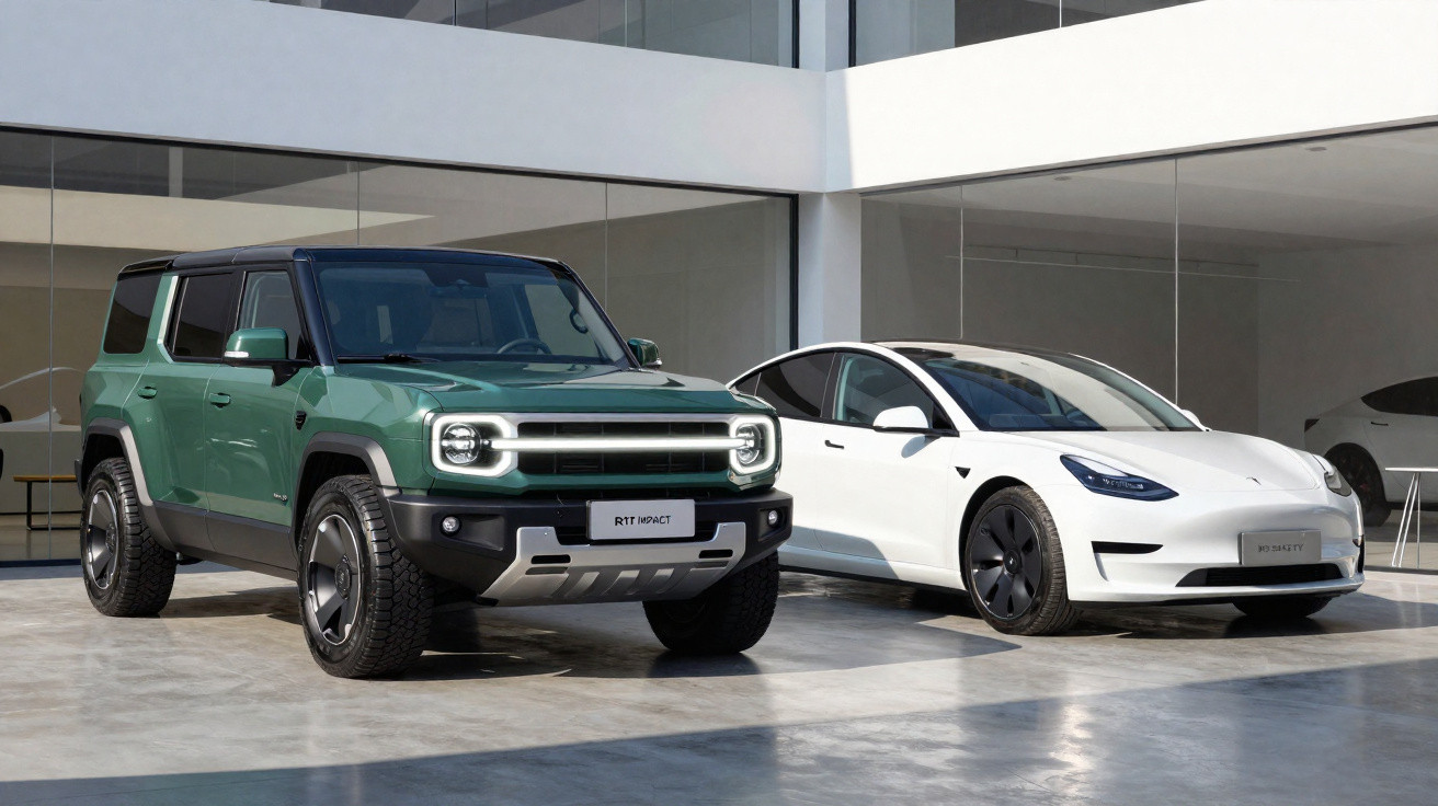 Dois carros elétricos estacionados em showroom moderno, um SUV verde e um sedan branco.