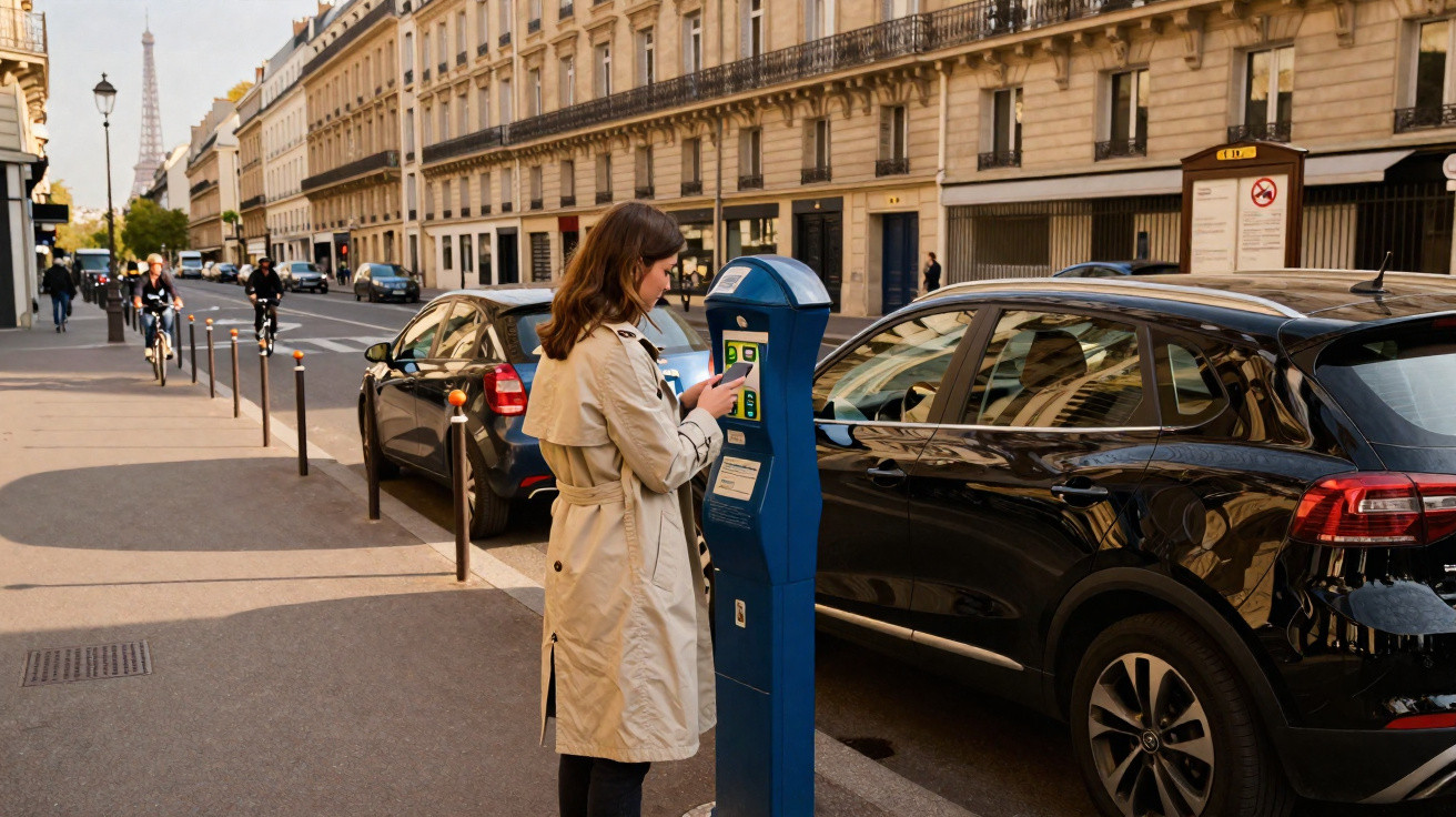 Mulher usando casaco bege paga estacionamento em parquímetro na rua com carros e ciclistas ao fundo.