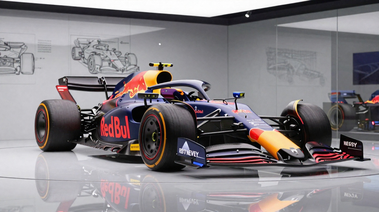Carro de corrida Fórmula 1 Red Bull com design moderno em ambiente de exibição interno.