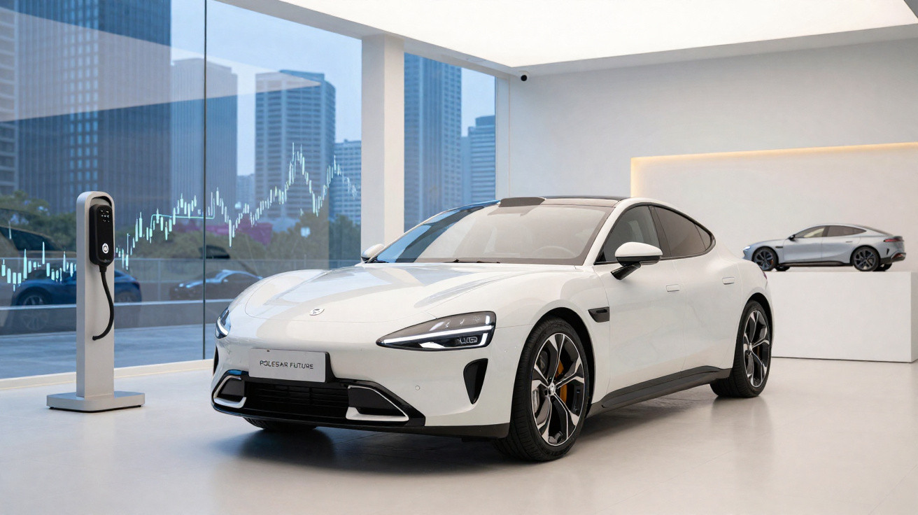 Carro elétrico branco estacionado em ambiente interno moderno ao lado de estação carregadora e miniatura do veículo.