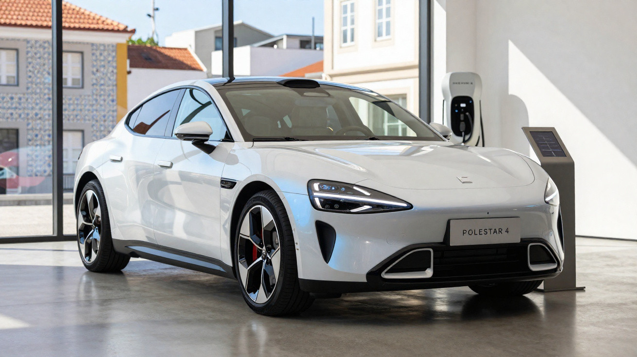 Carro elétrico branco Polestar 4 estacionado em ambiente interno ao lado de carregador e tela digital.