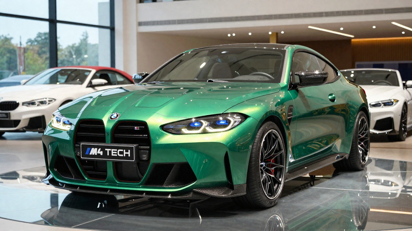 Carro esportivo verde BMW M4 TECH em exposição, ambiente interno com carros brancos ao fundo.