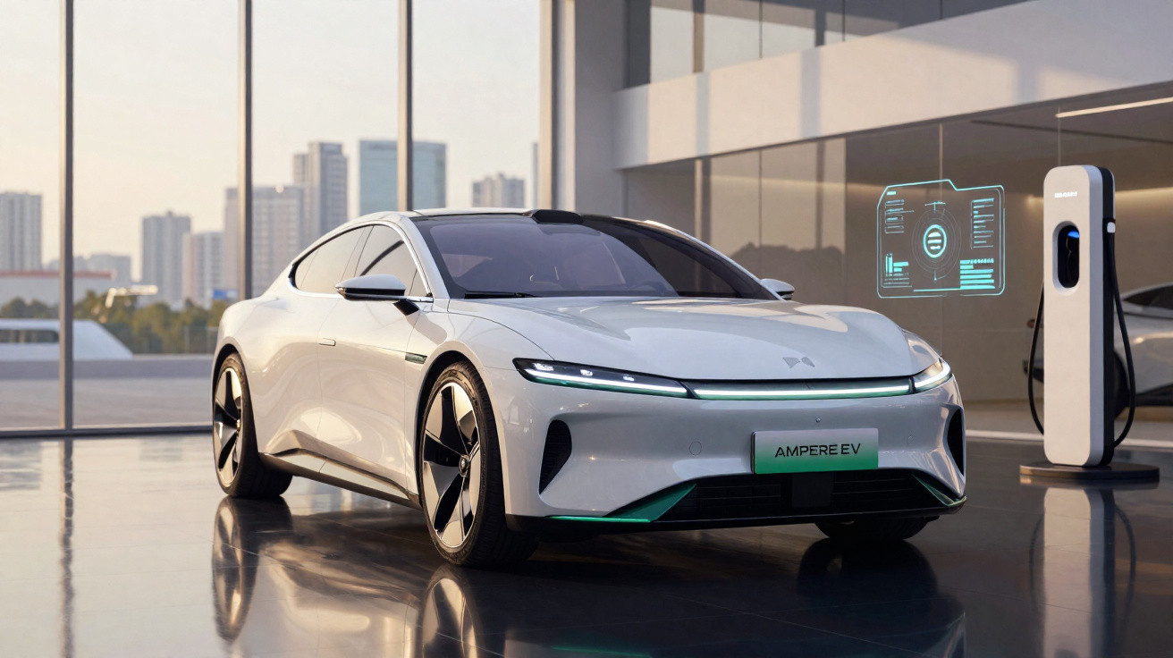Carro elétrico branco moderno estacionado em garagem com estação de recarga e cidade ao fundo.