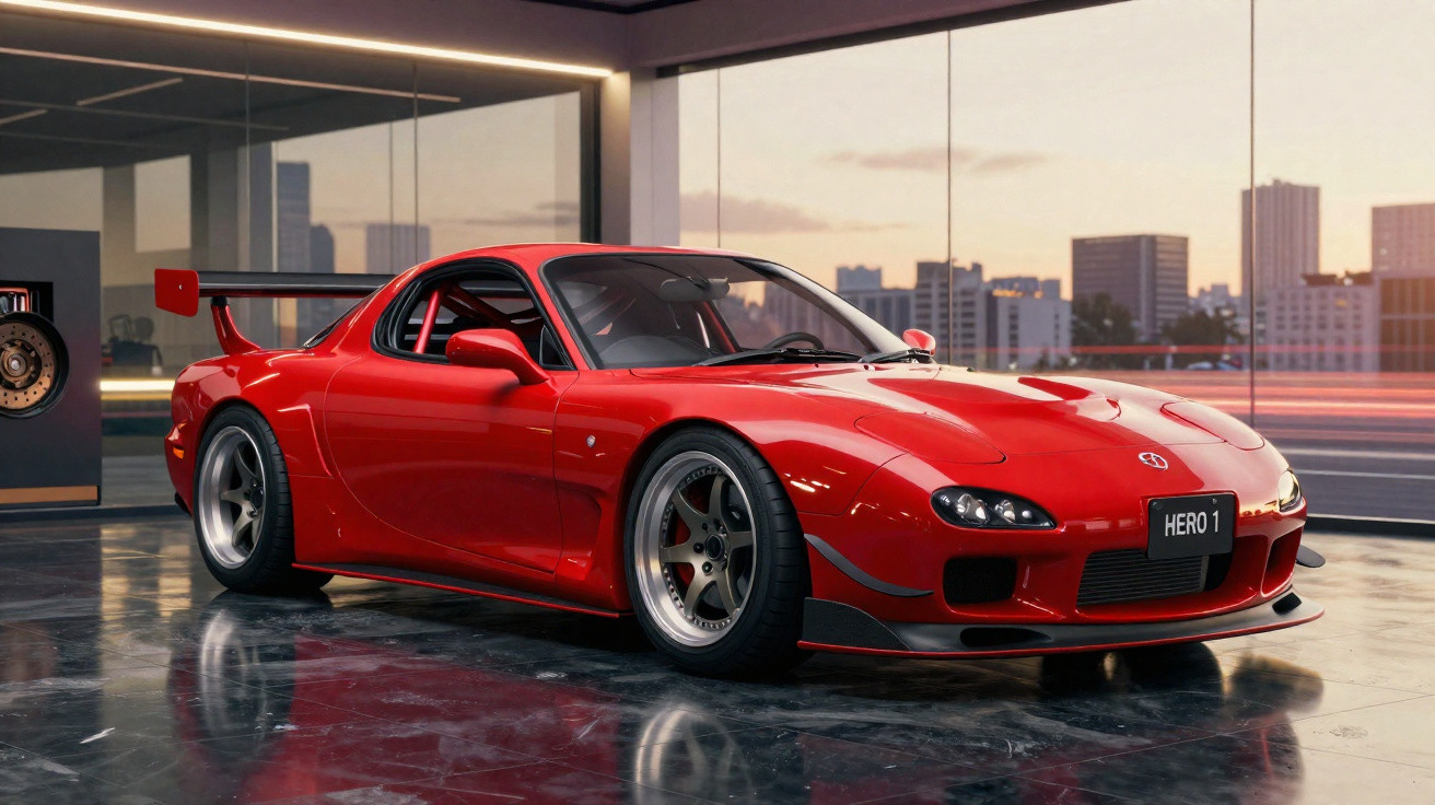 Carro esportivo vermelho estacionado em garagem moderna com vista urbana ao fundo ao entardecer.