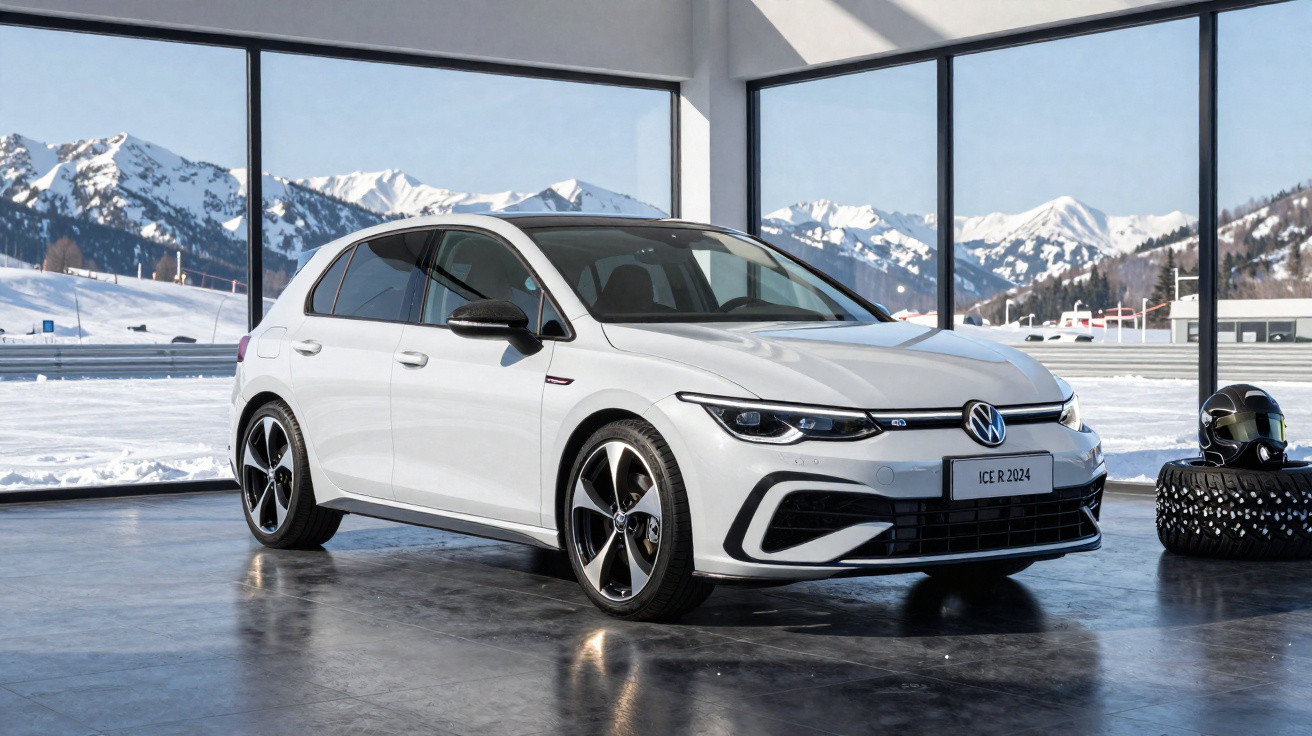Carro hatchback branco Volkswagen JCE R 2024 em sala com vidro e neve ao fundo.
