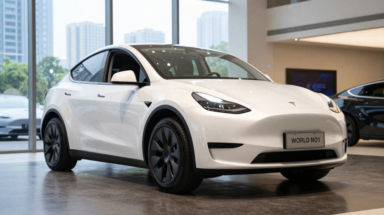 Carro elétrico branco Tesla Model Y exibido em showroom com placa personalizada "WORLD NO1".