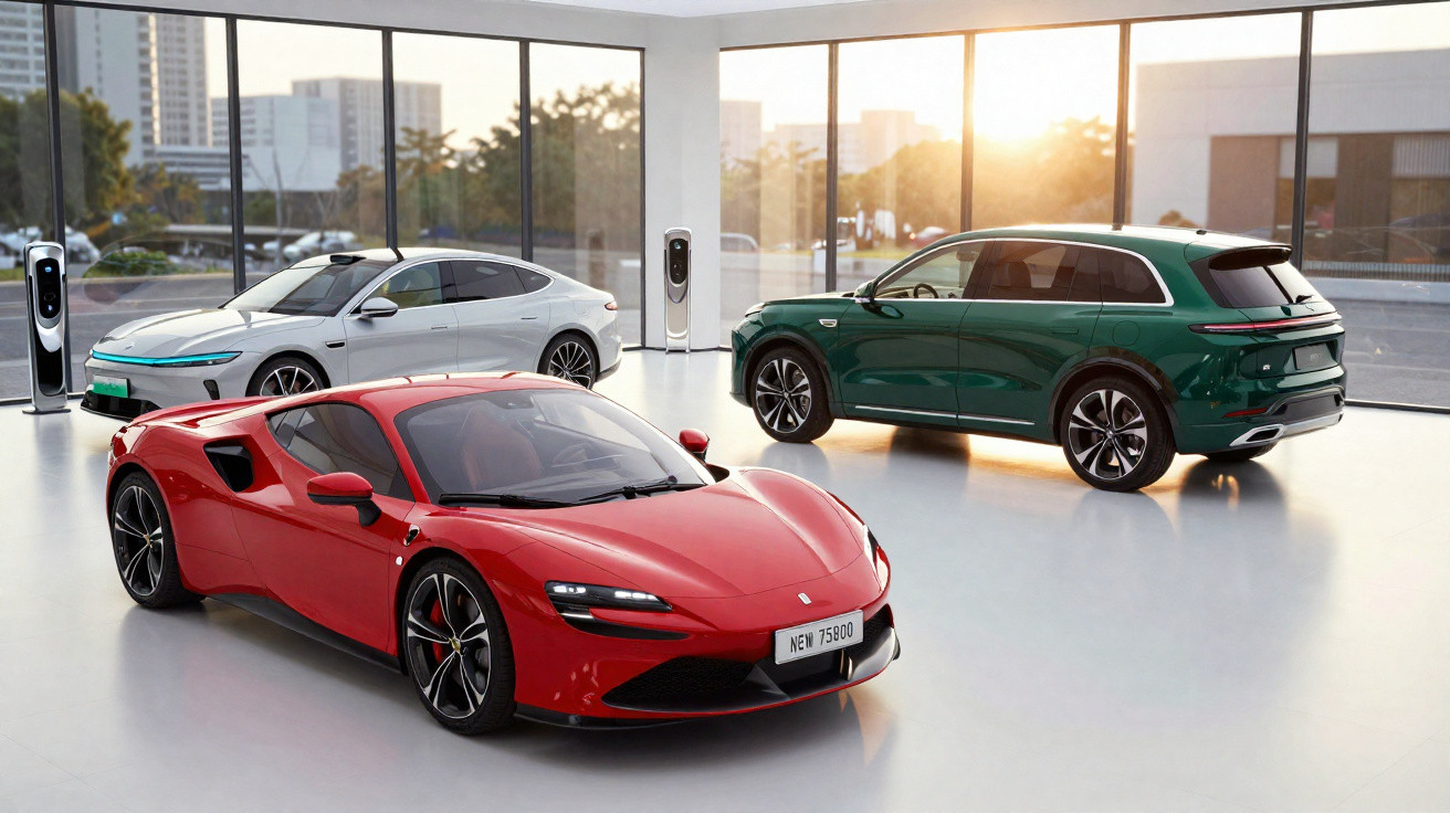 Interior de showroom com três carros elétricos modernos: esportivo vermelho, sedã branco e SUV verde.