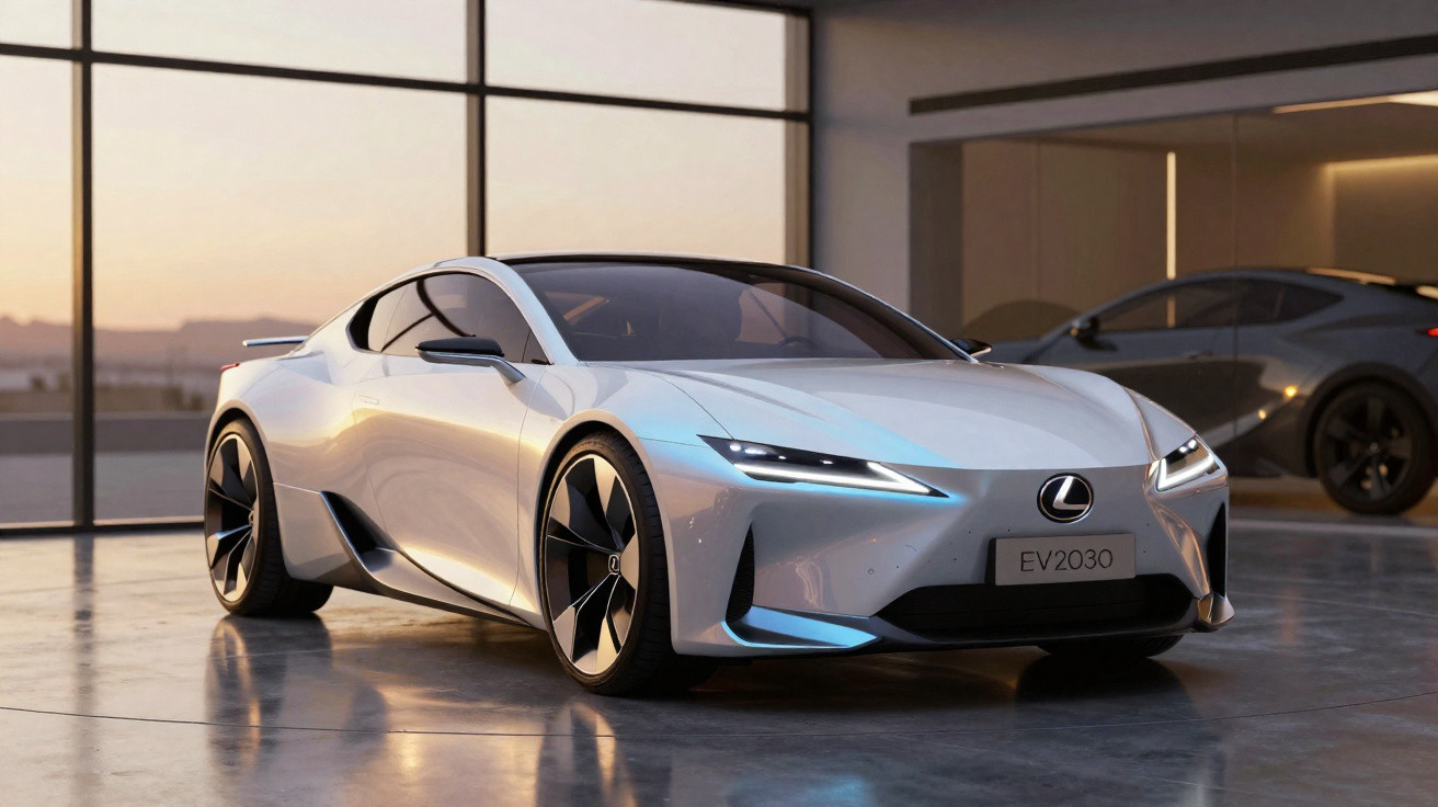 Carro esportivo elétrico Lexus branco estacionado em ambiente interno moderno com piso refletivo.