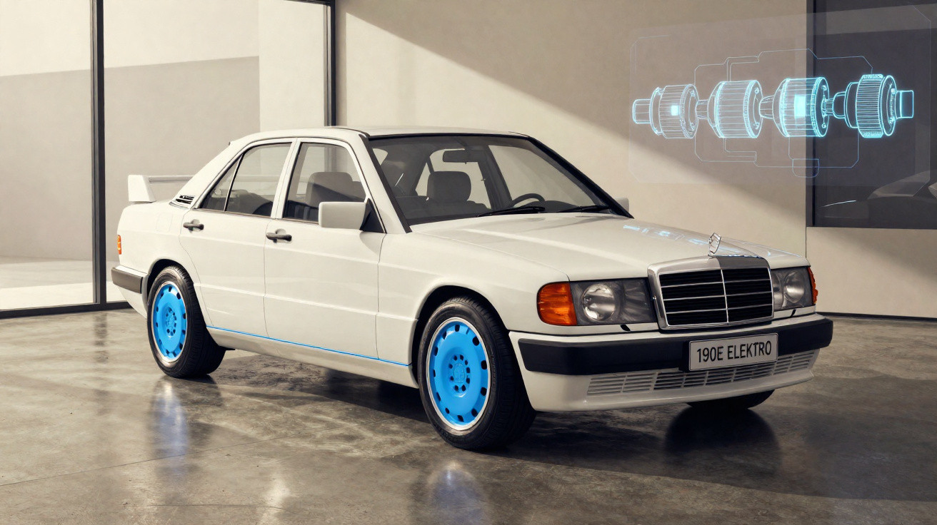 Carro Mercedes-Benz 190E branco com rodas azuis em ambiente interno e projeção digital técnica.