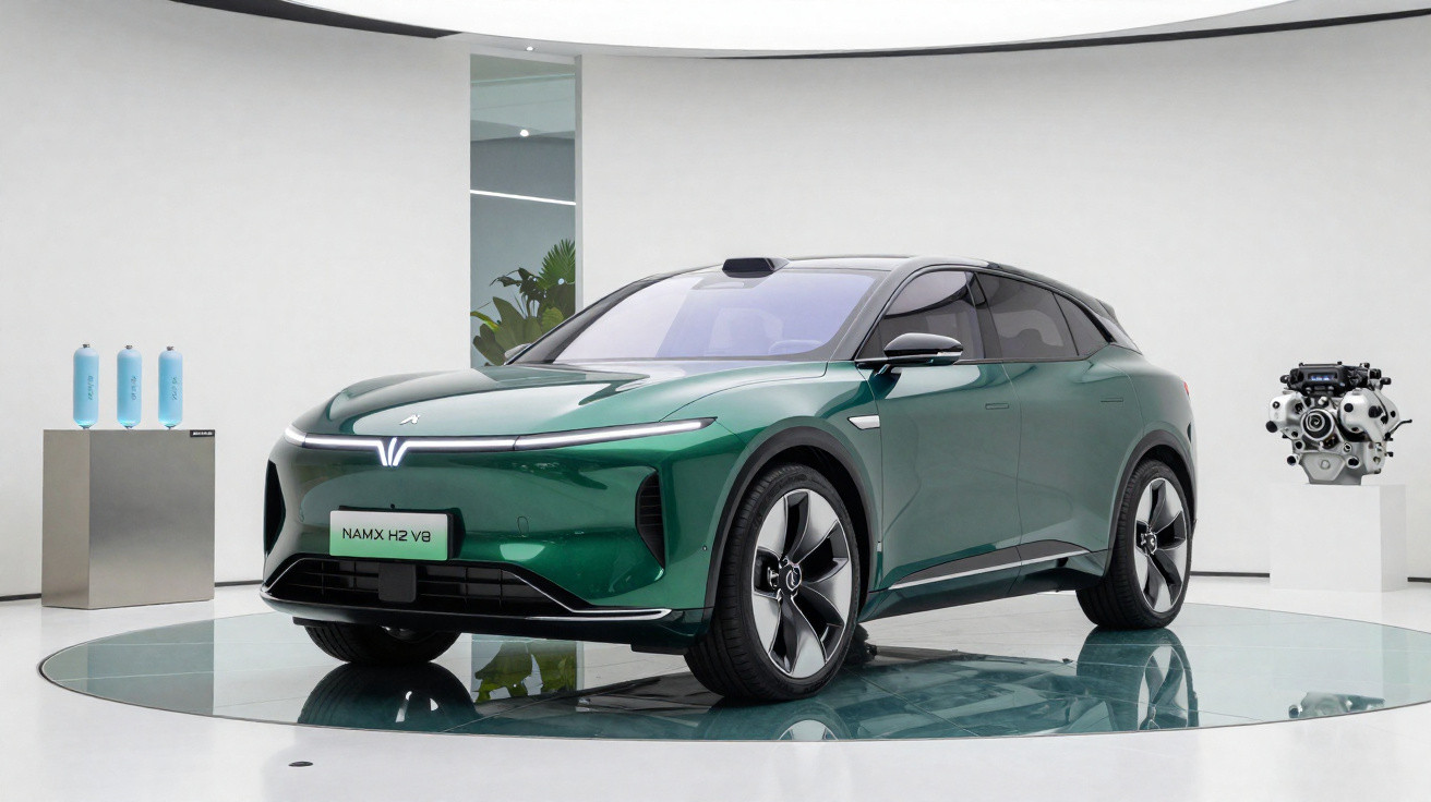 Carro elétrico SUV verde em exposição moderna com motor e cilindros ao fundo em ambiente branco.