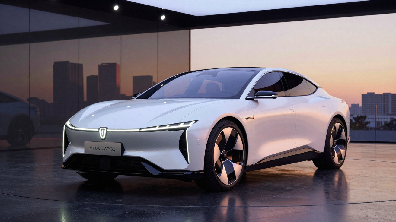 Carro elétrico branco futurista em ambiente interno com fundo de cidade ao entardecer.
