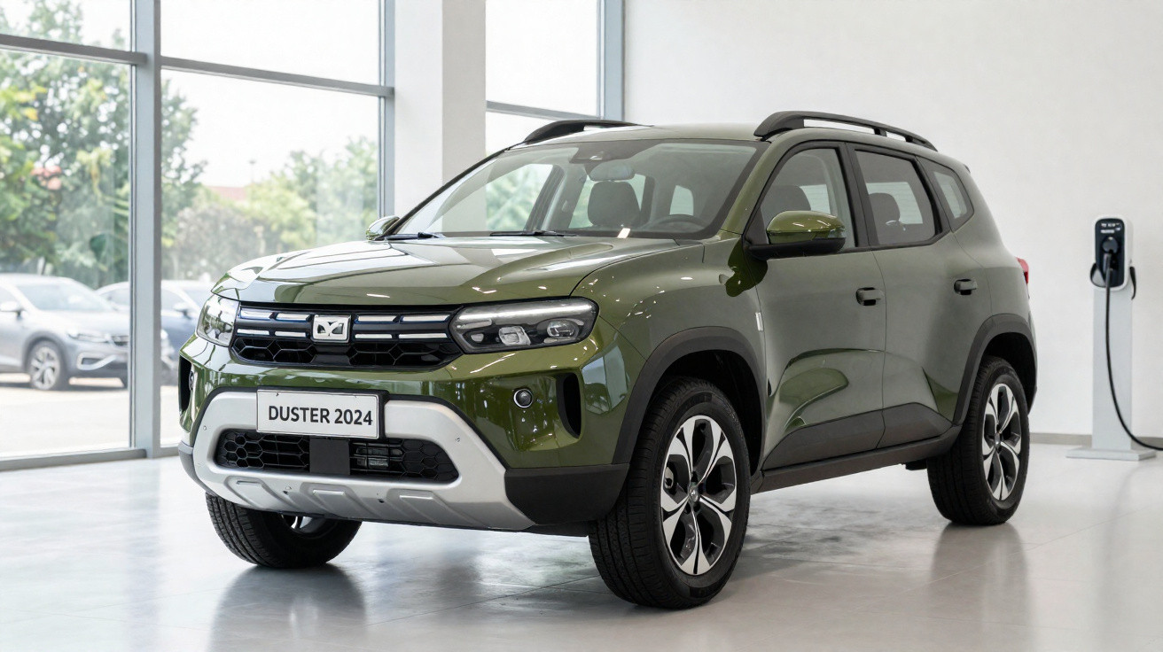 SUV verde Duster 2024 estacionado em showroom moderno com parede branca e janela grande ao fundo.