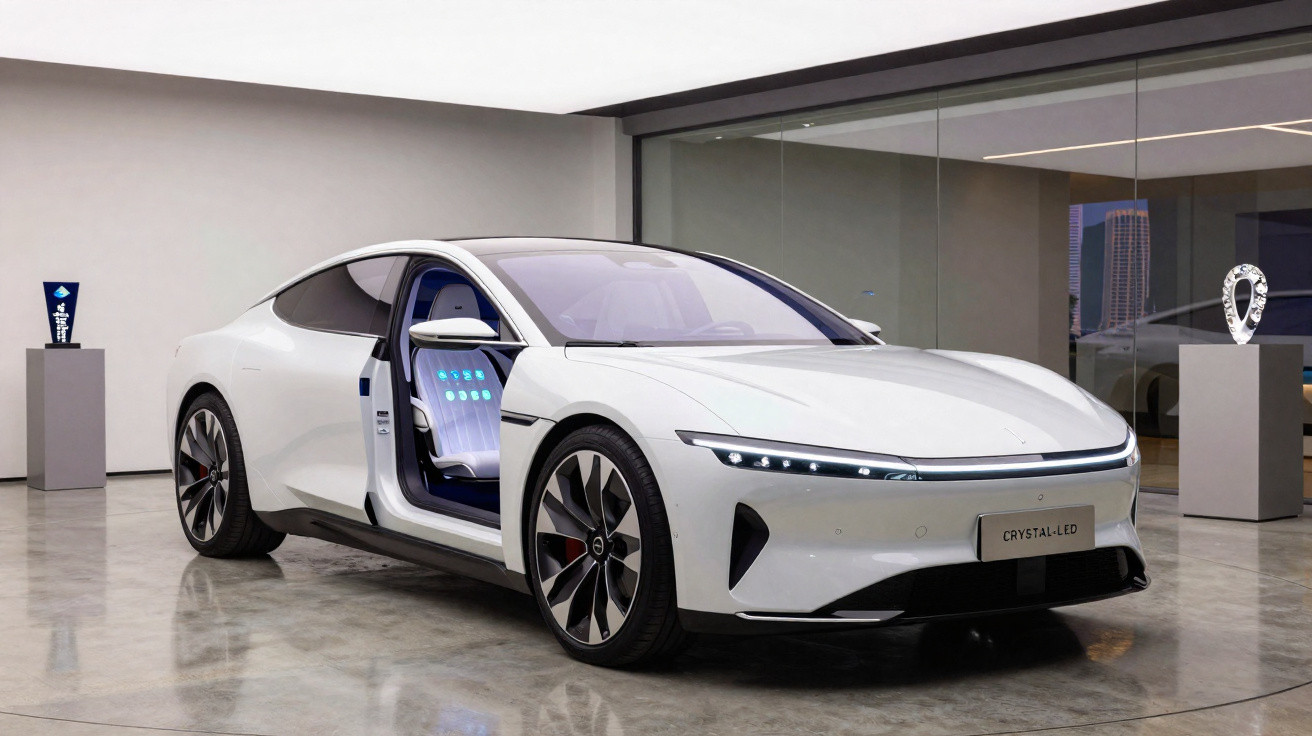 Carro elétrico branco futurista com porta aberta exibindo interior iluminado em showroom moderno.