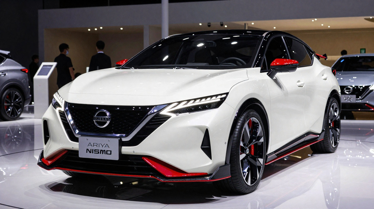 Carro Nissan Ariya Nismo branco com detalhes vermelhos em exposição em salão automotivo.