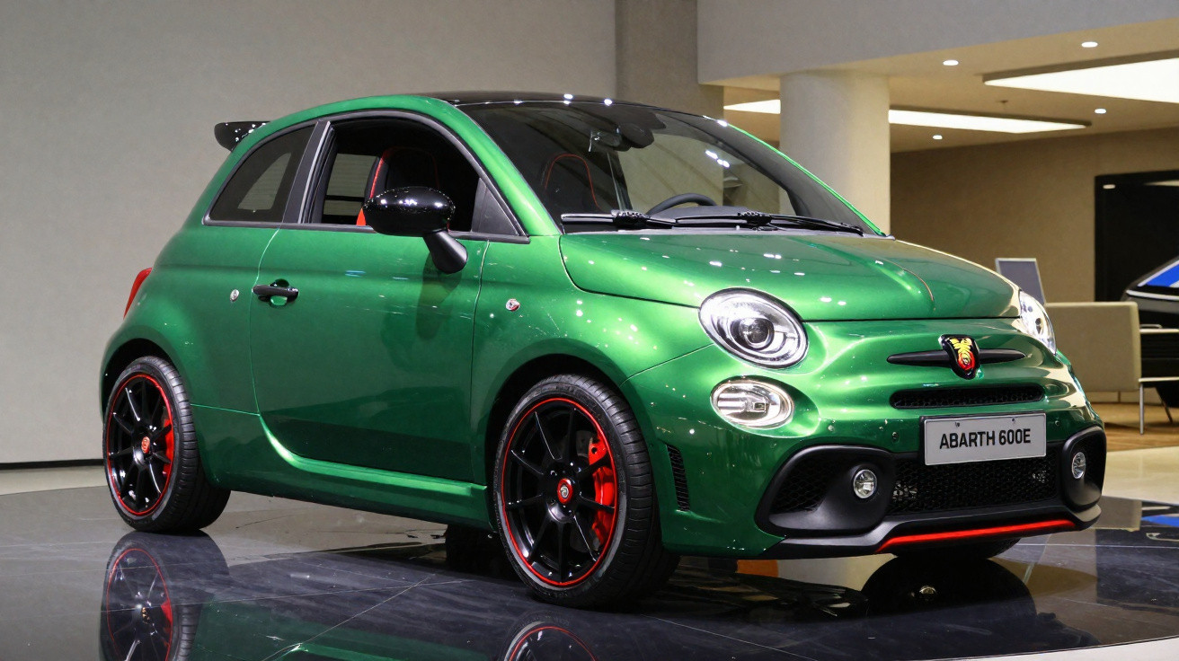 Carro esportivo compacto verde Abarth 600E estacionado em ambiente interno, com rodas pretas e detalhes vermelhos.