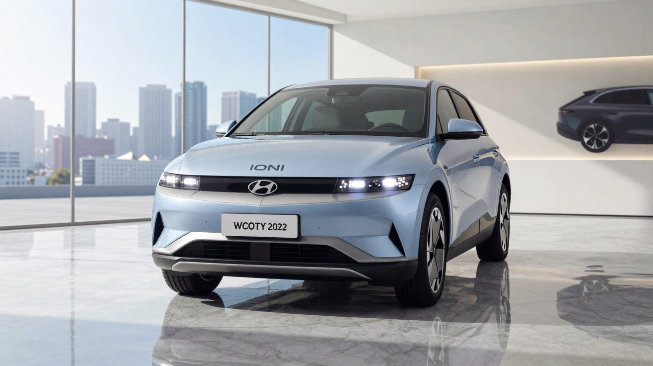 Carro elétrico Hyundai Ioniq 5 azul em showroom moderno com vista para a cidade.