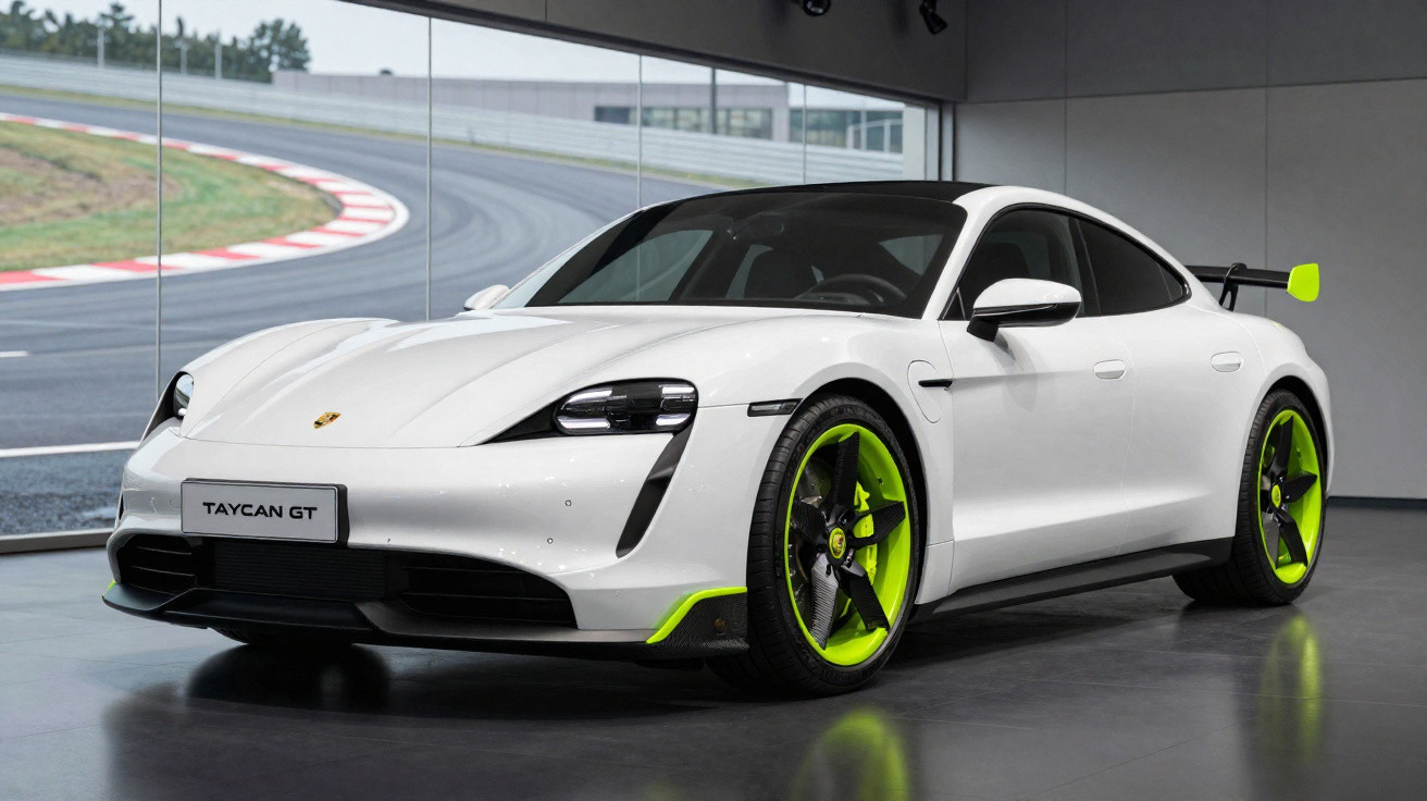 Carro esportivo elétrico Porsche Taycan GT branco com detalhes verdes exposto em ambiente interno.