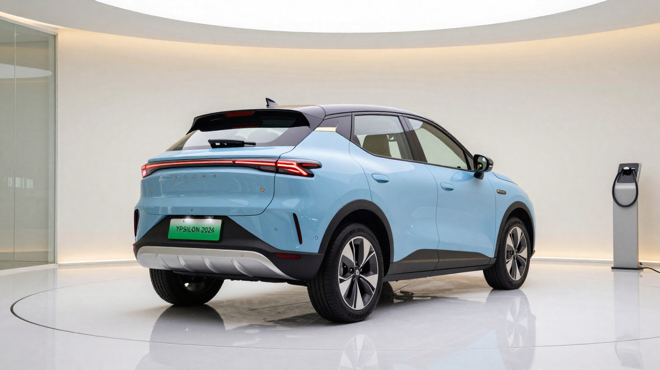 Carro elétrico azul claro Ypsilon 2024 exibido em ambiente moderno com estação de carregamento ao lado.
