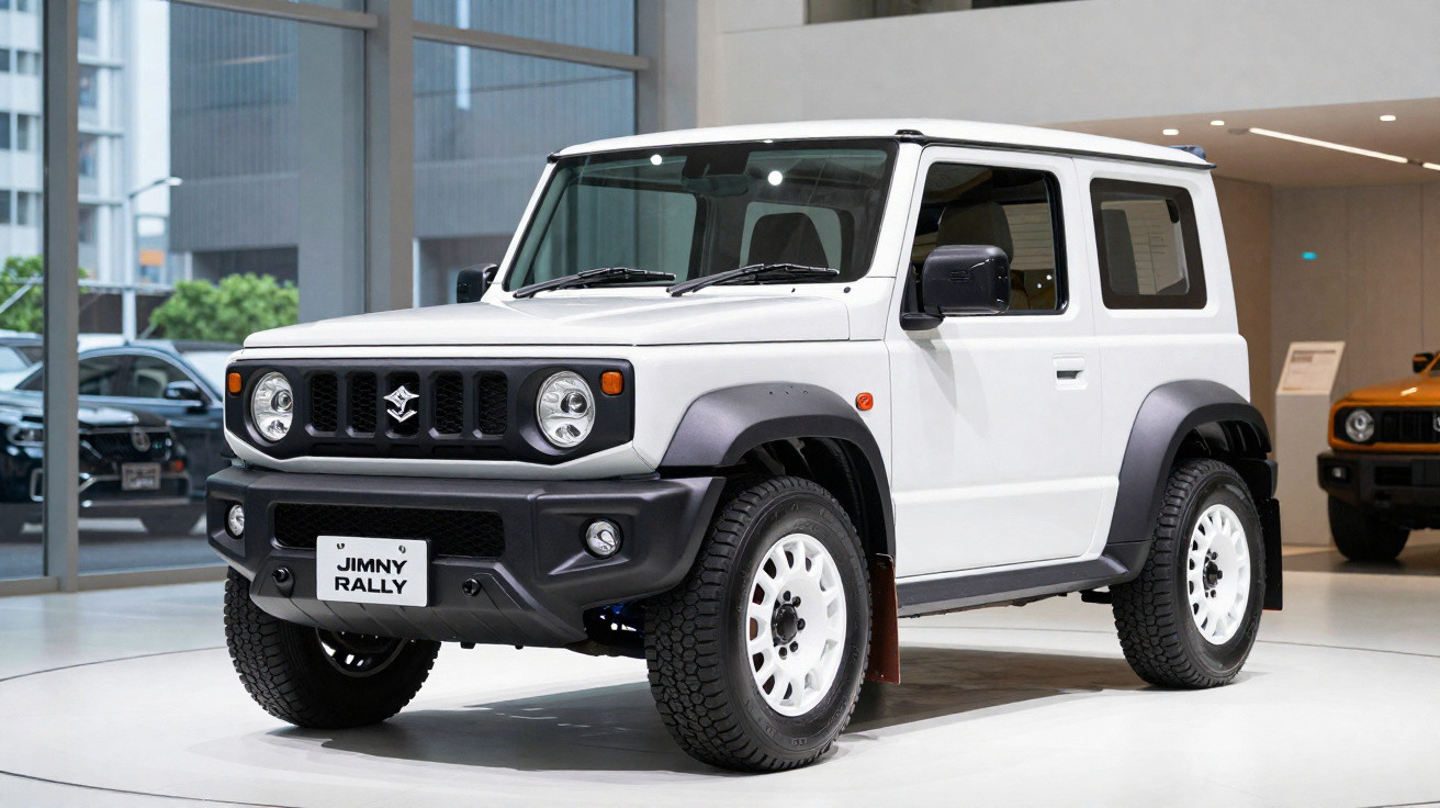 Carro Suzuki Jimny Rally branco em exposição interna com design compacto e robusto.