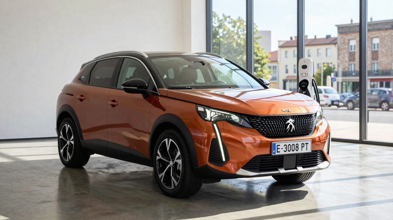 Carro SUV elétrico laranja Peugeot 3008 estacionado em carregador interno com janelas de vidro ao fundo.