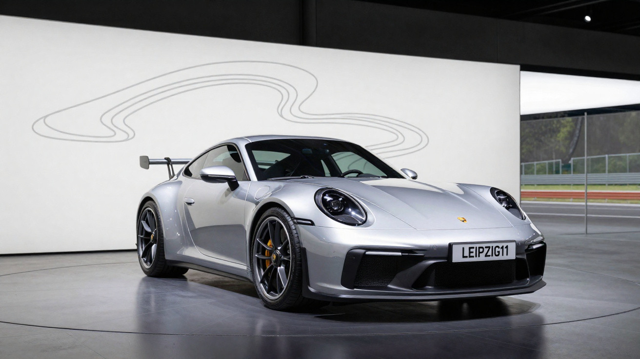 Carro esportivo prata Porsche estacionado em ambiente interno com luz natural e parede branca ao fundo.