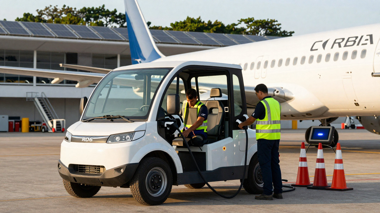 Dois trabalhadores com coletes amarelos abastecendo veículo elétrico pequeno em área de aeroporto próximo a avião.