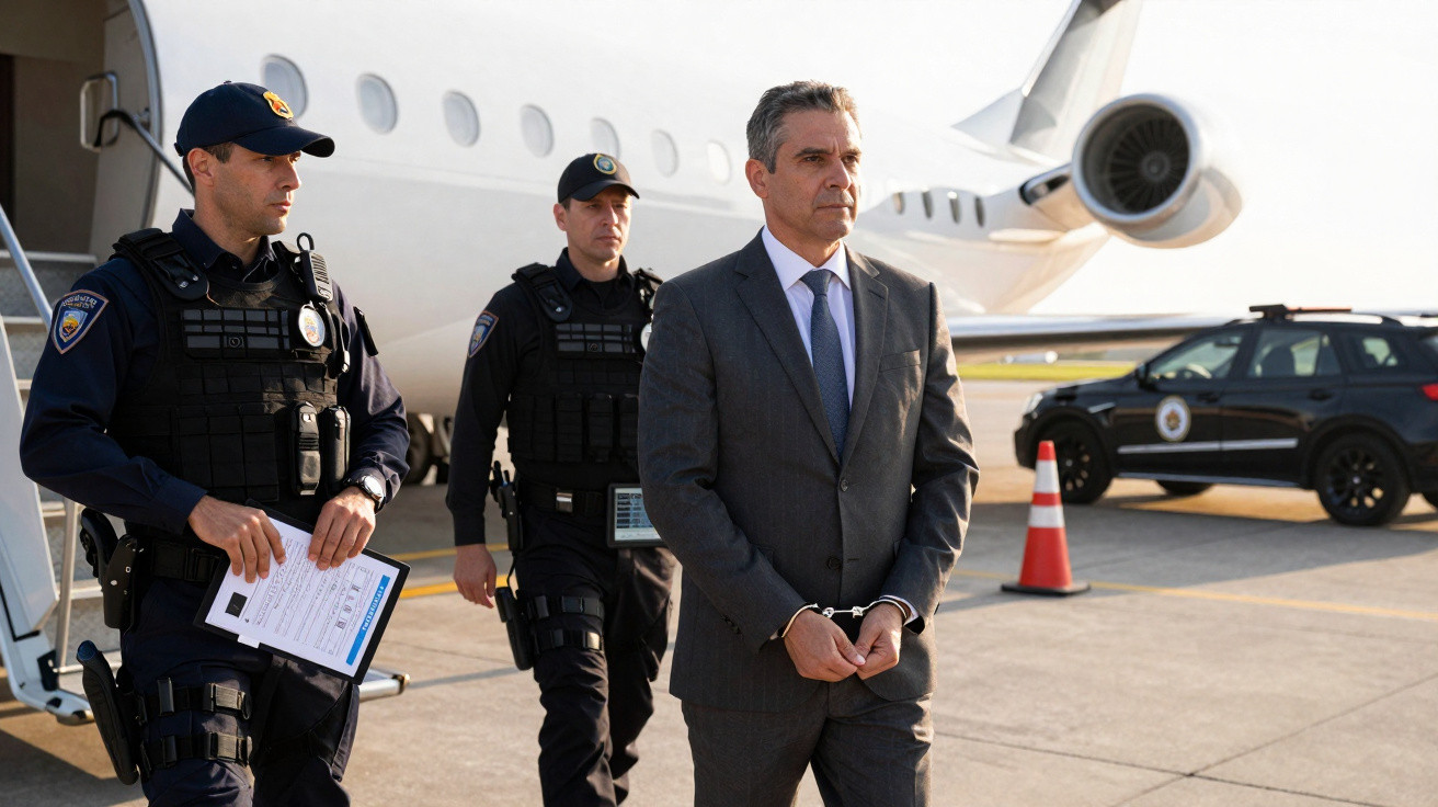 Homem algemado em terno cinza é escoltado por dois policiais na pista de aeroporto perto de avião privado.