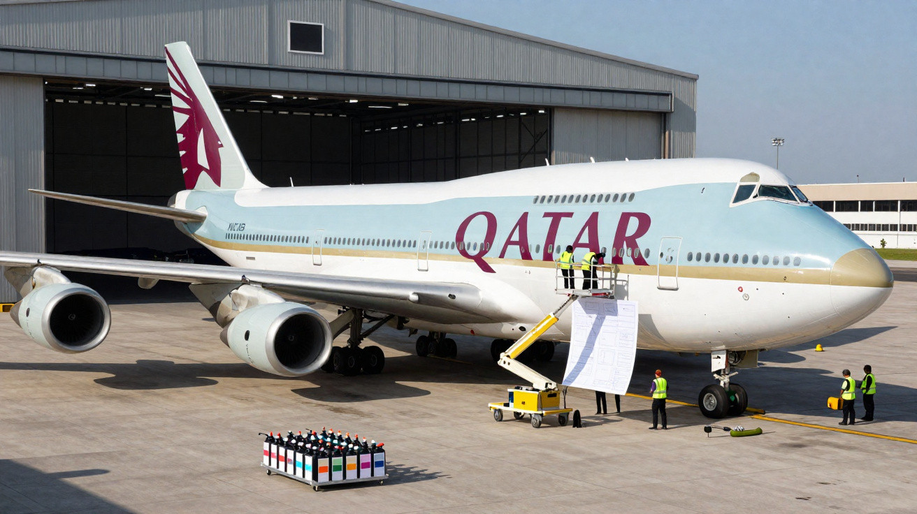 Avião da Qatar parado no hangar com equipe verificando documentos na frente da aeronave.