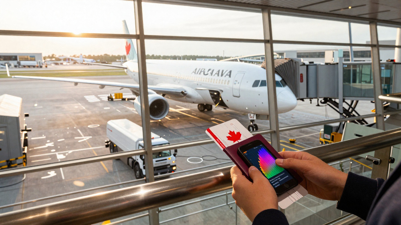Pessoa segurando passaporte canadense com avião da Air Canada ao fundo no aeroporto.