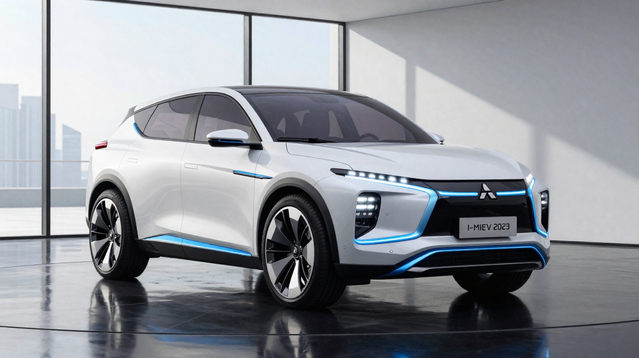 Carro SUV elétrico branco Mitsubishi I-Miev 2023 em ambiente interno com janelas grandes ao fundo.