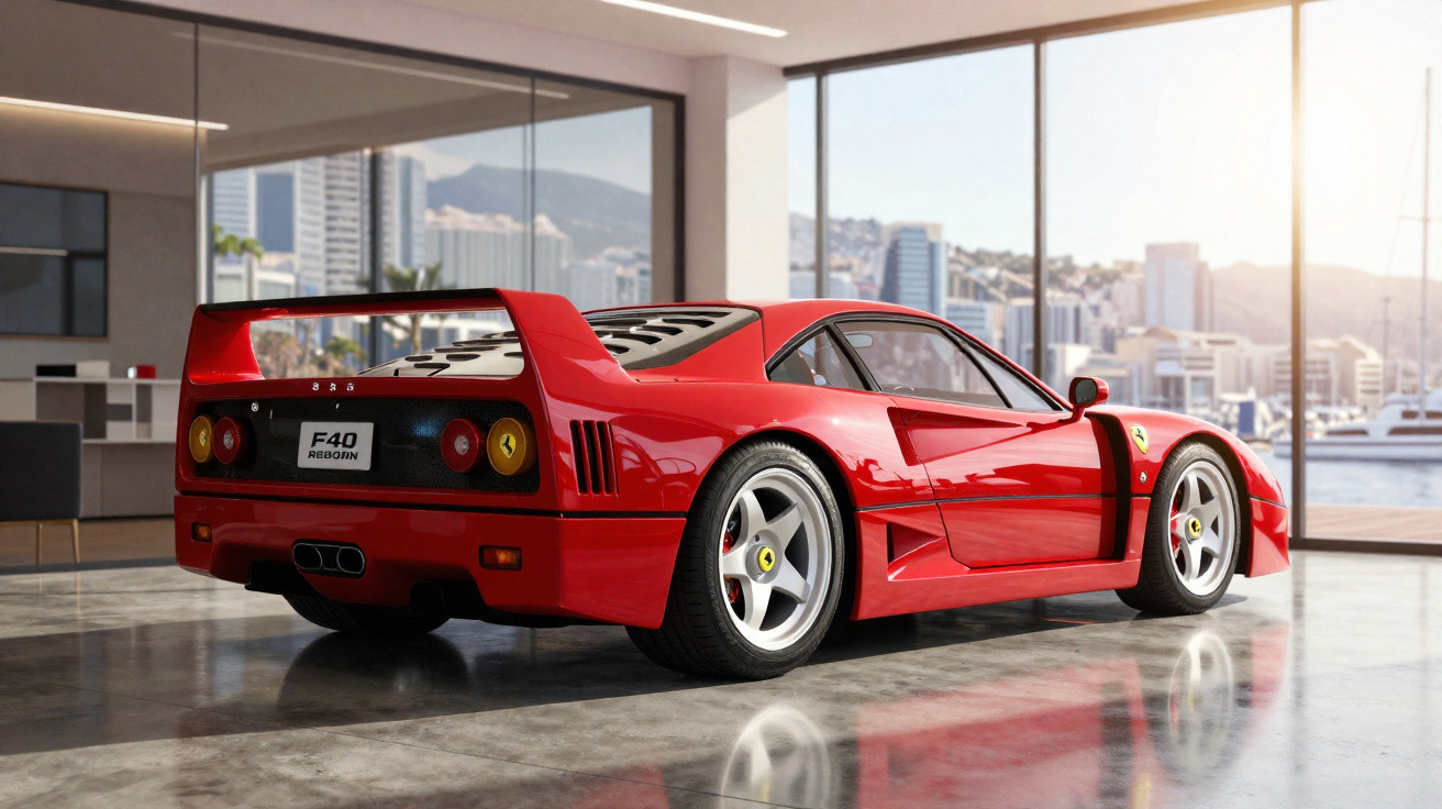 Carro esportivo Ferrari F40 vermelho estacionado em showroom com vista de marina e montanhas ao fundo.