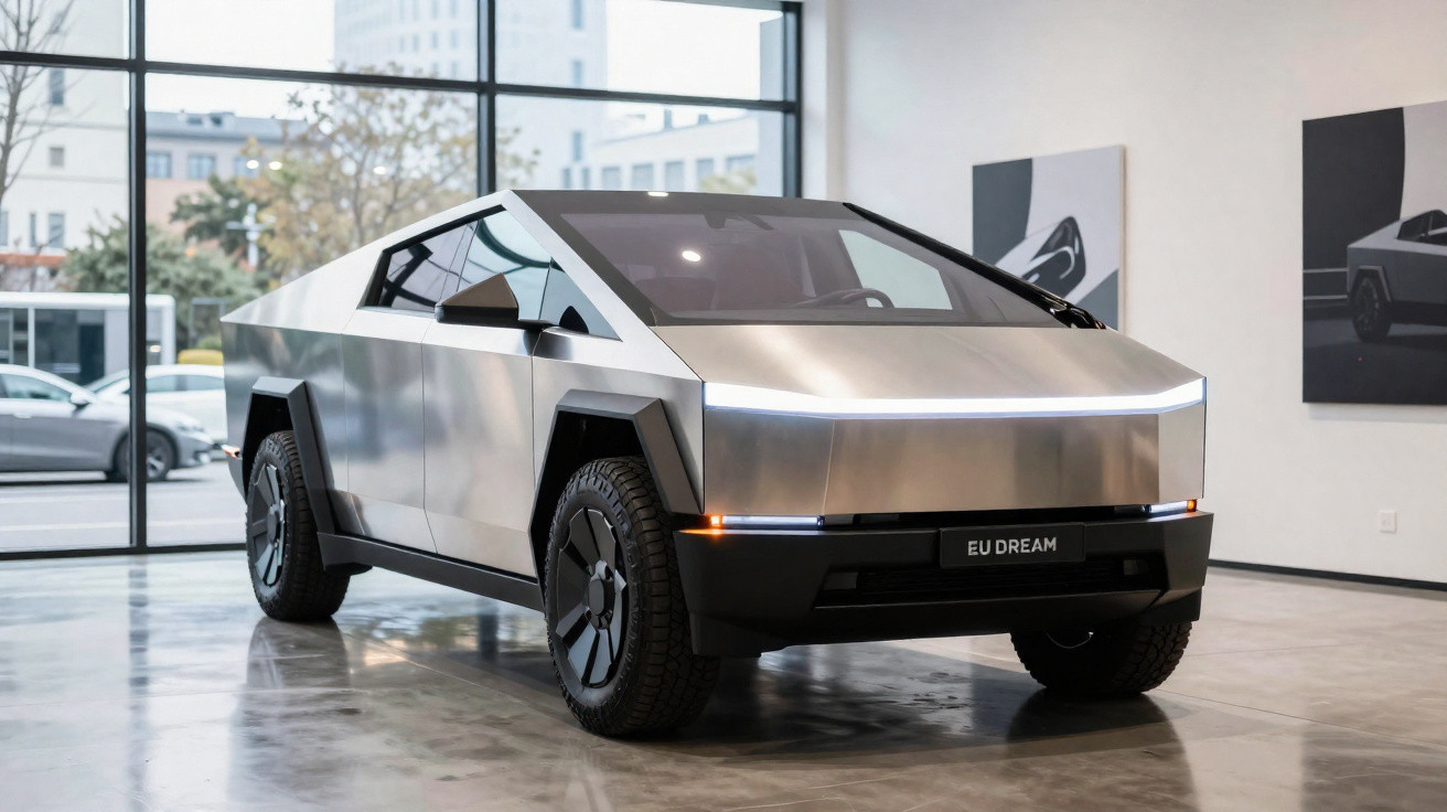 Carro elétrico futurista prata com design angular em exposição interna, com iluminação de LED na frente.