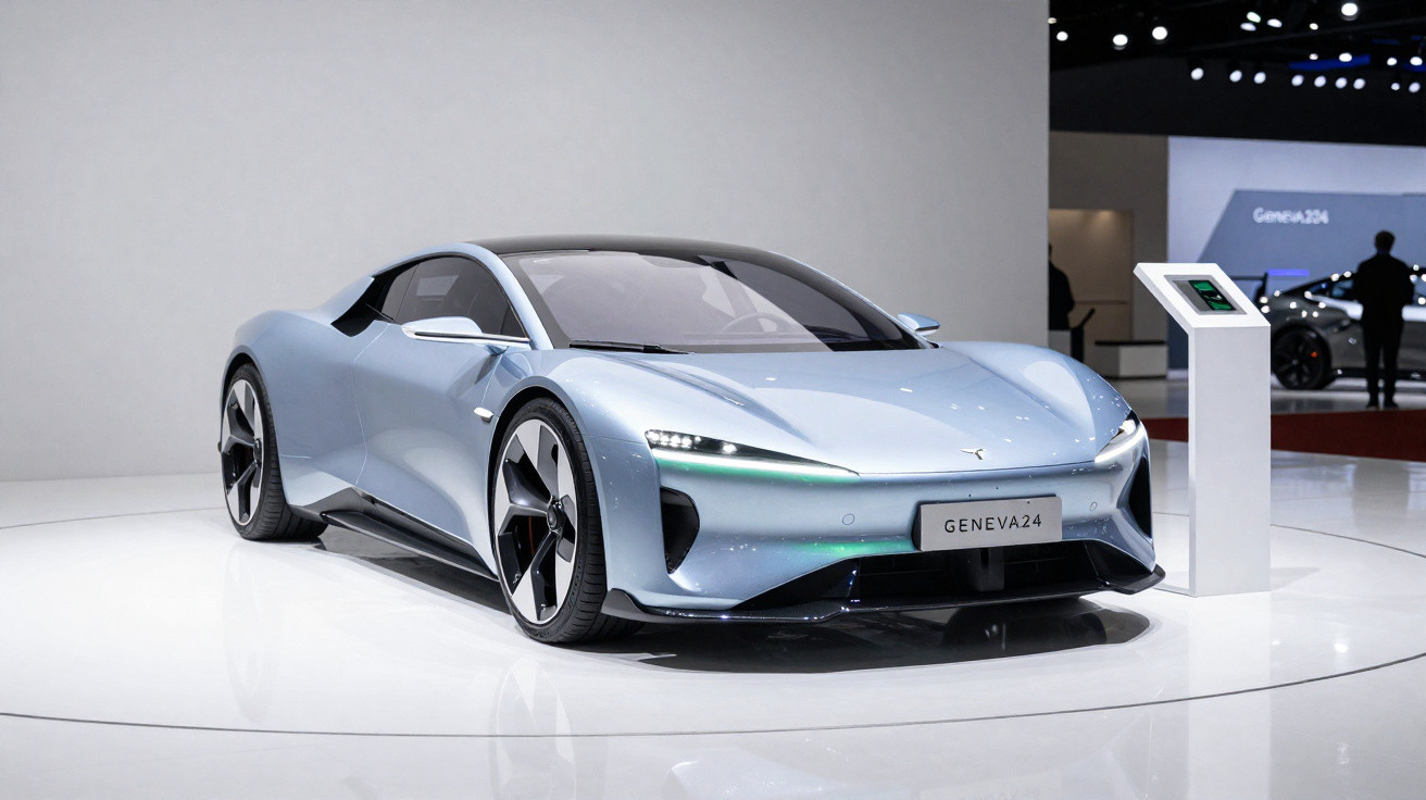 Carro esportivo elétrico azul claro exibido em evento automotivo com placa "GENEVA24".