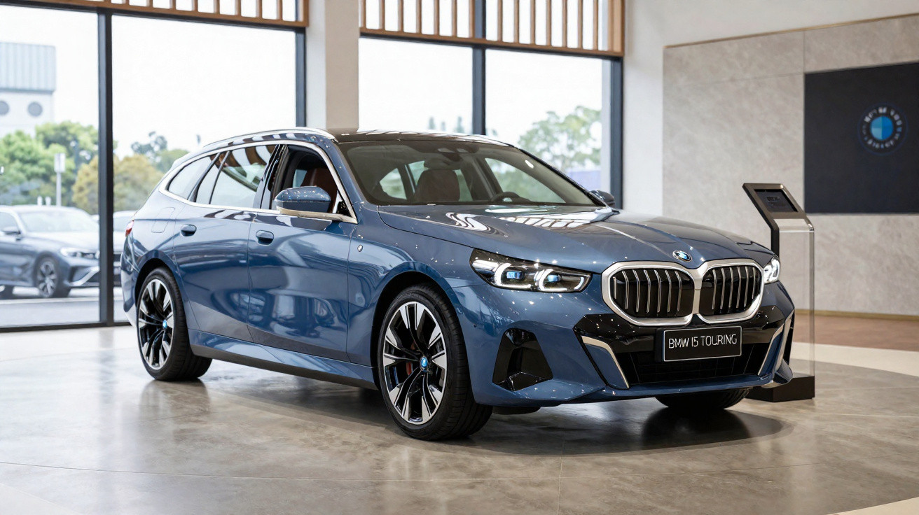 BMW 1 Series Touring azul estacionado em showroom com piso e grandes janelas de vidro.