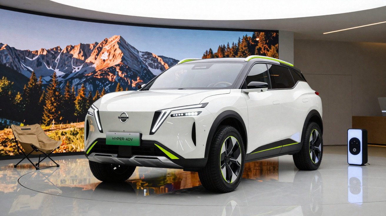 SUV branco com detalhes verdes exibido em ambiente moderno com fundo de montanhas e floresta.