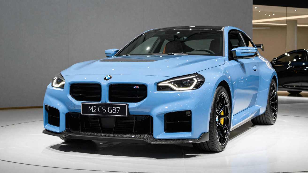 Carro esportivo BMW M2 CS G87 azul exibido em salão de automóveis com acabamento brilhante.