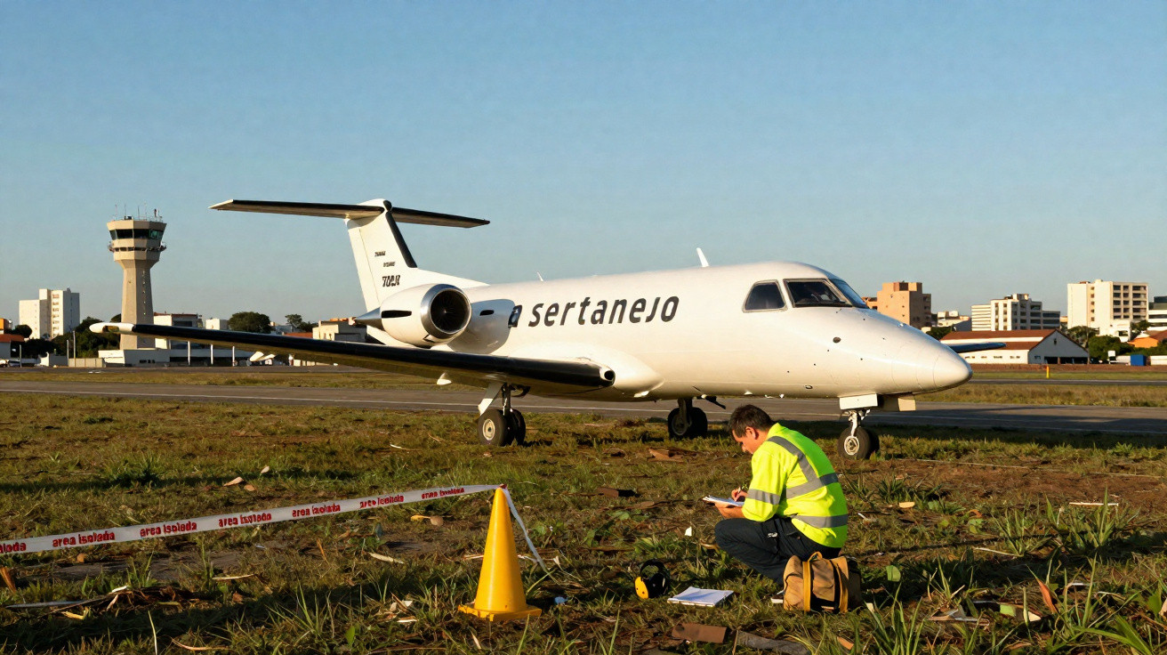 Avião branco da Sertanejo taxiando em aeroporto com trabalhador usando colete refletivo ao lado.