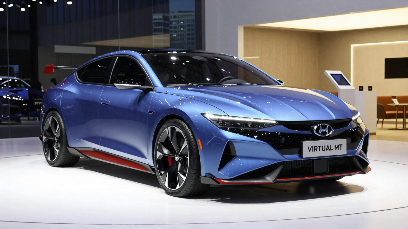 Carro esportivo azul metálico Hyundai Virtual MT em exposição moderna com iluminação branca.