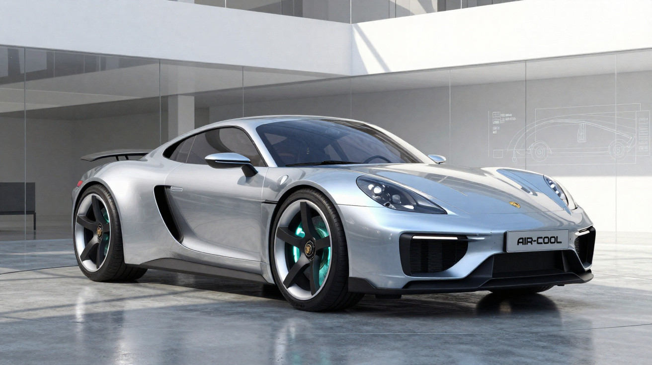 Carro esportivo prata estacionado em garagem moderna com design aerodinâmico e rodas pretas.