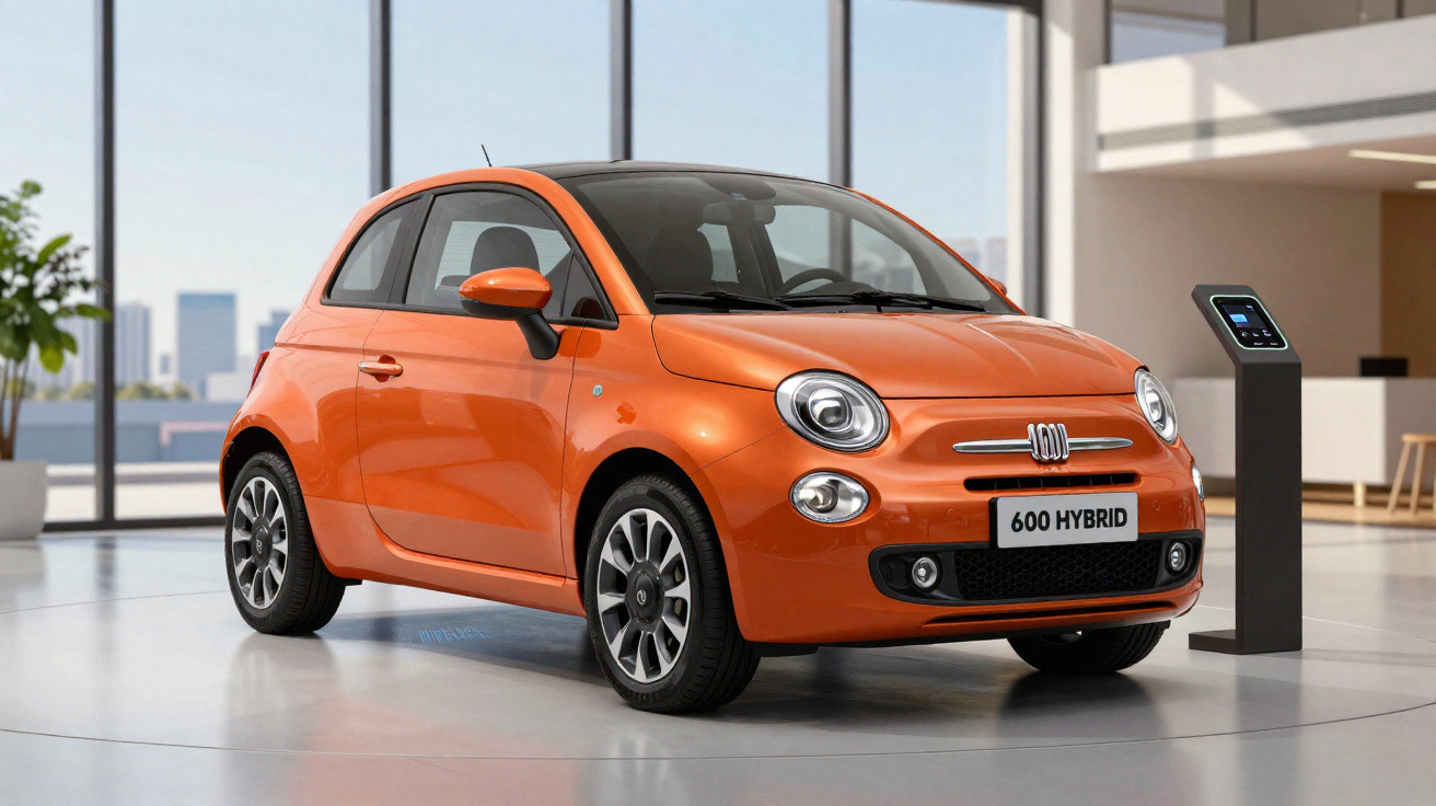 Carro compacto Fiat 600 Hybrid laranja em showroom moderno com painel de controle digital ao lado.