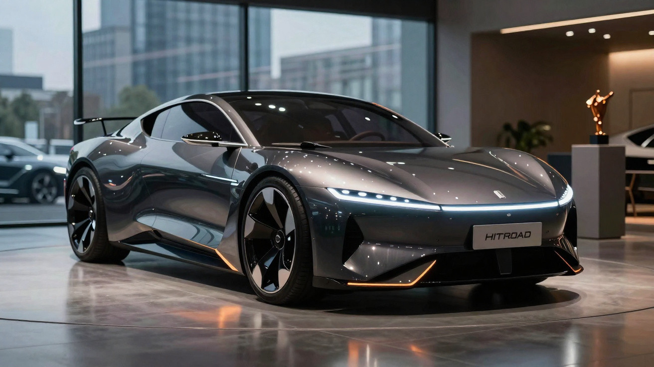 Carro esportivo elétrico cinza escuro com design futurista exposto em showroom moderno.