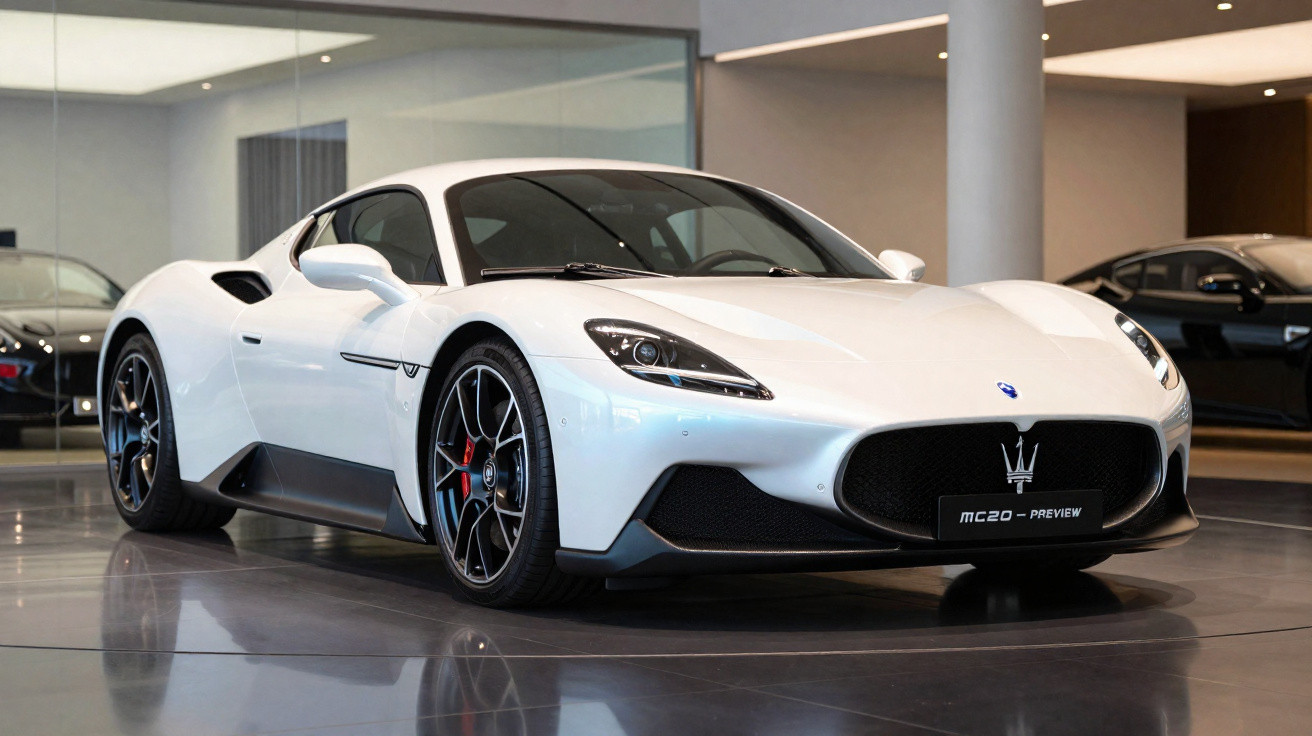 Carro esportivo branco Maserati MC20 em exposição em showroom com piso refletivo e iluminação interna.