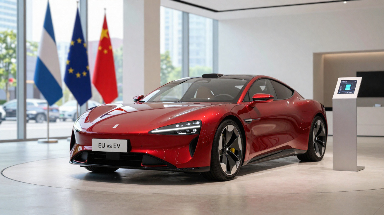 Carro esportivo vermelho exposto em salão moderno com três bandeiras ao fundo.