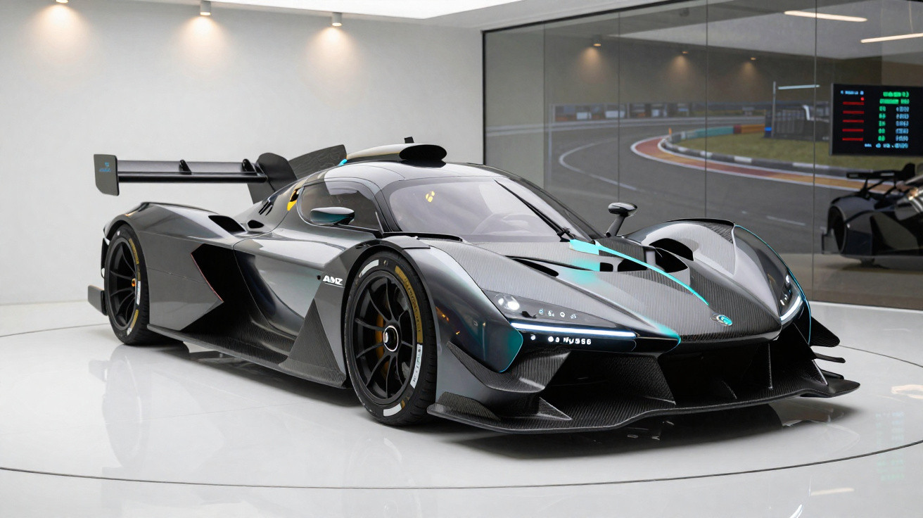 Carro esportivo preto de alta performance exibido em sala com piso branco e espelhos ao fundo.
